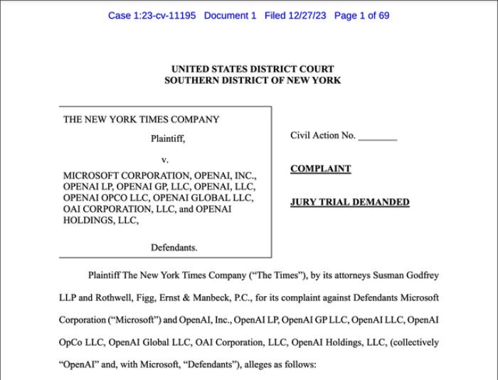 OpenAI微软被起诉！《纽约时报》指控AI侵权，要求销毁侵权模型和训练数据
