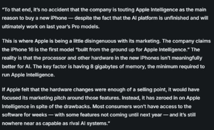 苹果被指太虚伪！iPhone 16硬件并不会明显改善AI功能